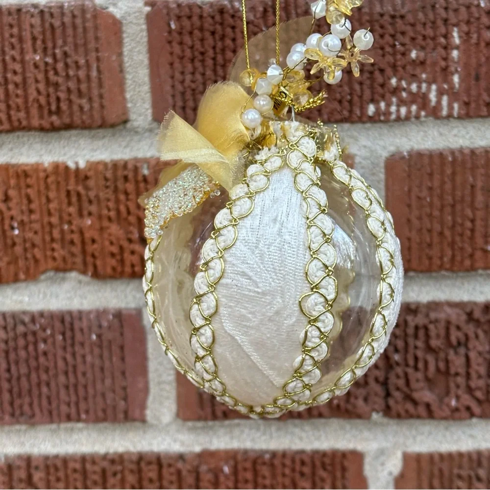 Christmas Tree Ornaments Ball Red White Gold Glitter Ribbon Hand painted 5 pc